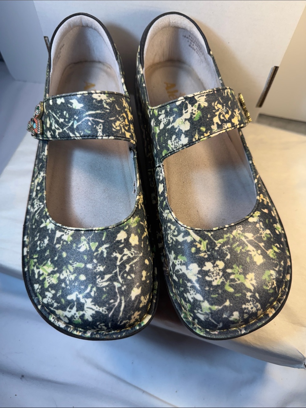 Alegria Floral Mary Jane Mules in Black, White and Green